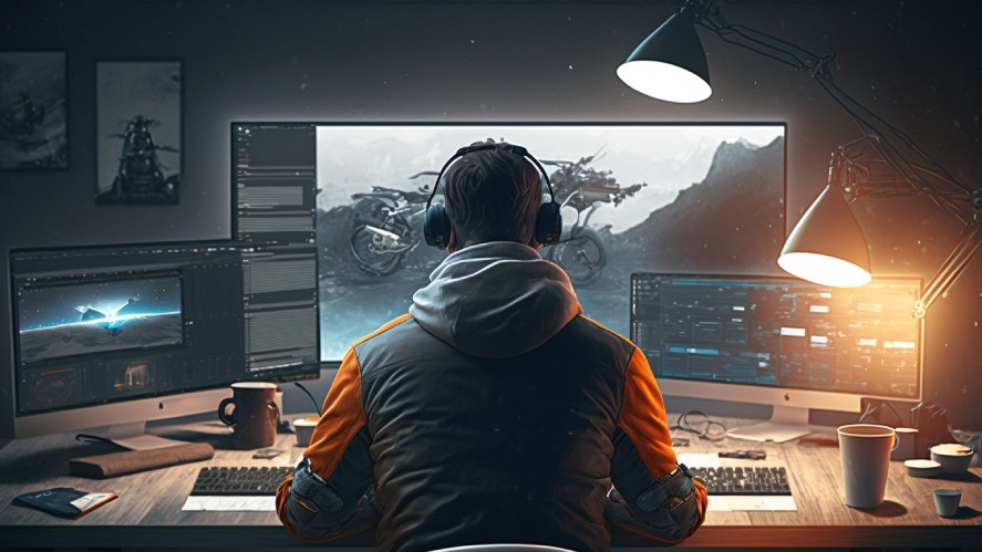 A game developer working on a game with multiple monitors and lamps