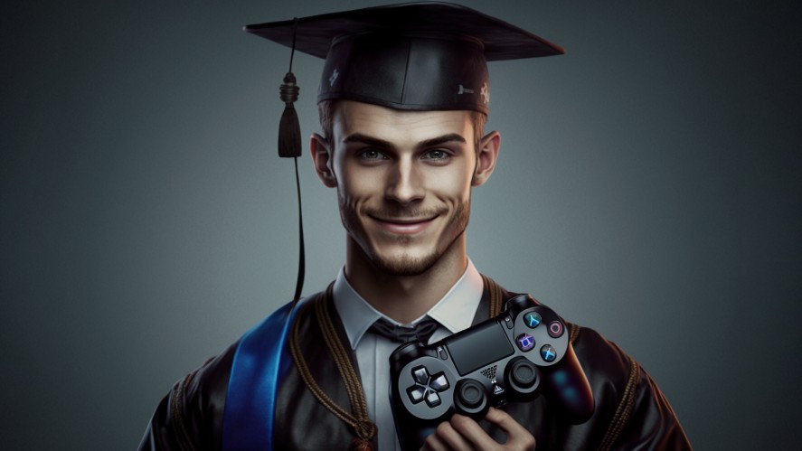 A graduated man holding a game controller