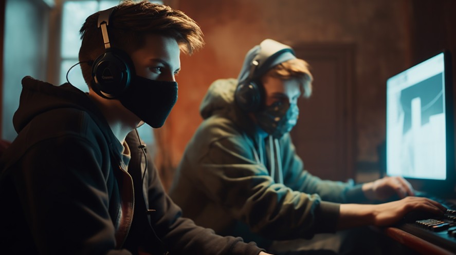 Gamers wearing mask while playing video games
