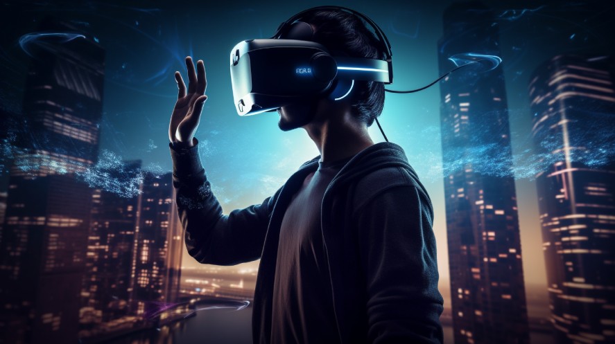 A man wearing a headset enjoying the Metaverse