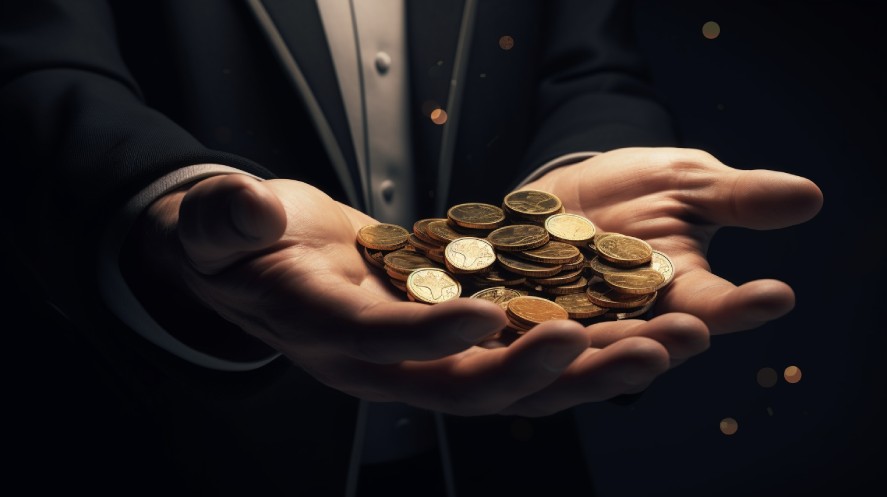 A man holding a lot of coins