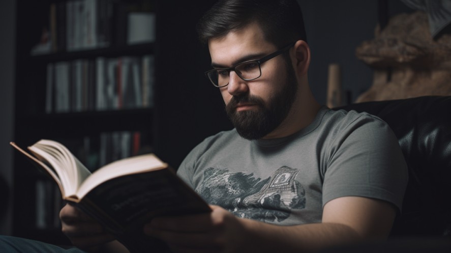 A game developer reading a book