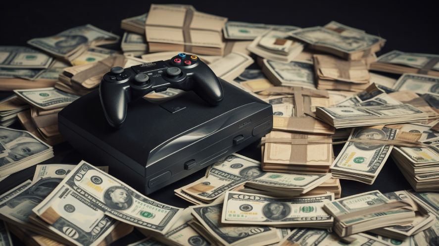 A gaming console and a lot of money on the ground