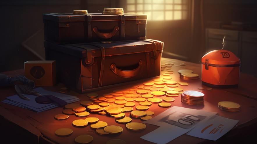 A treasure chest a table with coins, represents revenue range of indie games
