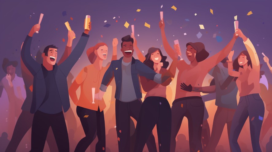 Visualization of game developers celebrating success together