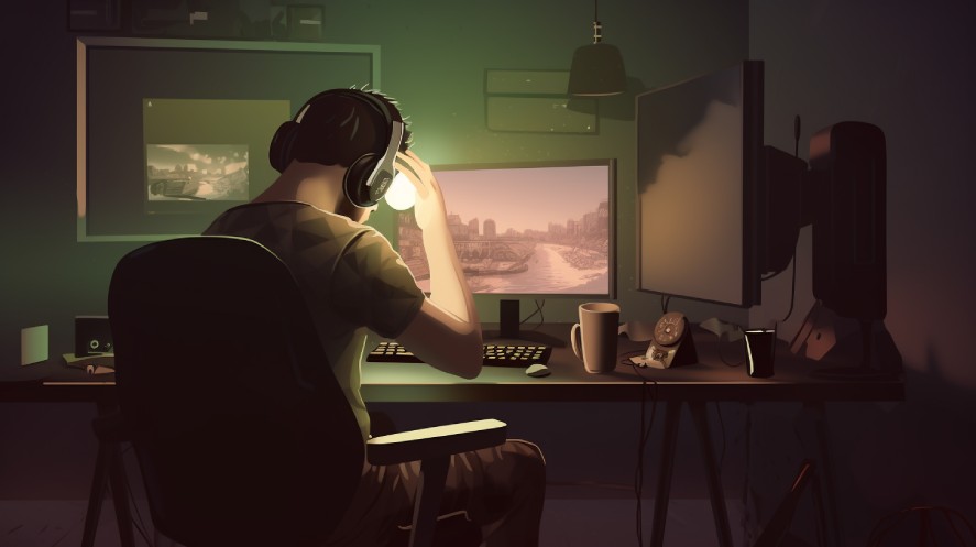 A graphic of a stressed game developer working on a game