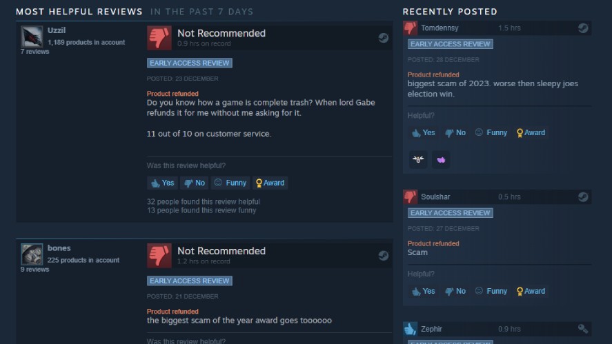Negative Reviews for an Early Access Title