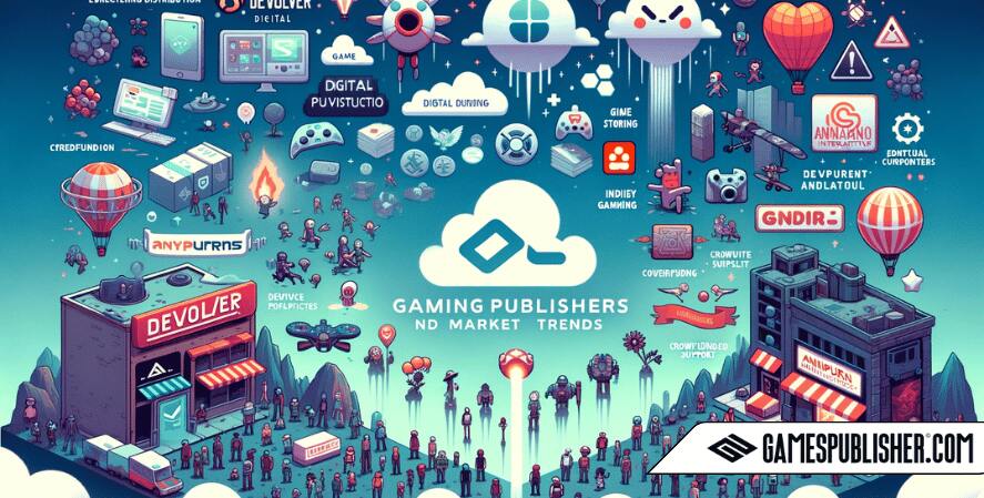 Here is the image showcasing emerging game publishers and market trends, featuring Devolver Digital and Annapurna Interactive. The visual elements highlight digital distribution, indie publishing, and crowd-funded projects, emphasizing new opportunities for developers in the evolving gaming landscape.