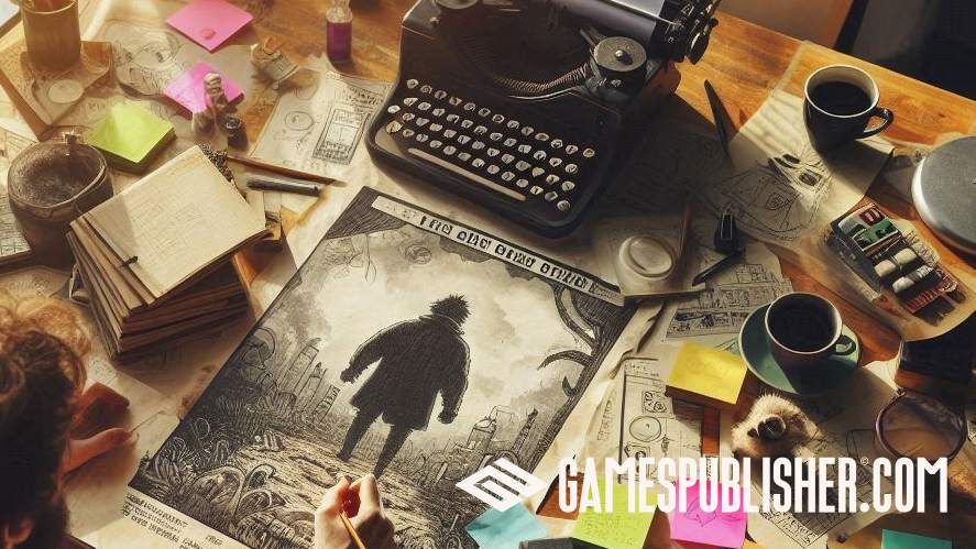 Game publishing work table with typewriter and a poster
