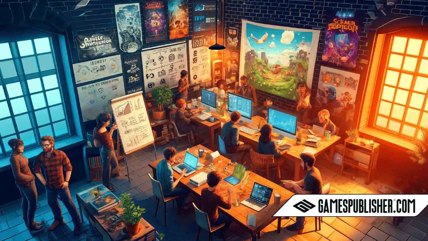 Here is the image depicting the vibrant and collaborative scene of indie game development, highlighting the various challenges and opportunities faced by indie developers.