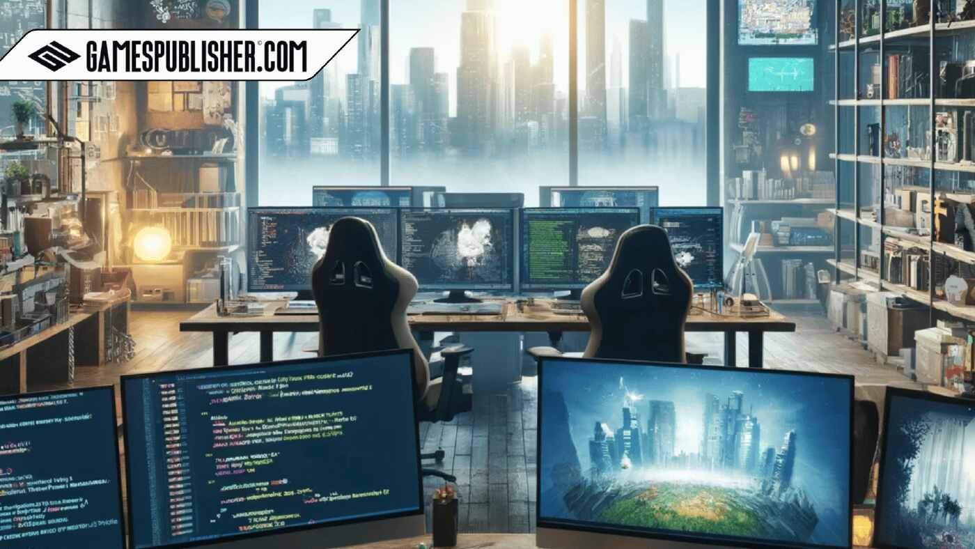 Here is the image depicting a creative and modern workspace for game developers, inspired by the themes discussed in the article. It features a high-tech environment suitable for game development, highlighting elements such as JavaScript and various gaming platforms.
