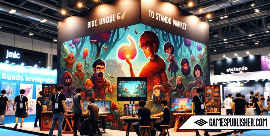Here is the image depicting an indie game development team at a trade show, effectively showcasing their unique game to stand out in the competitive market. 
