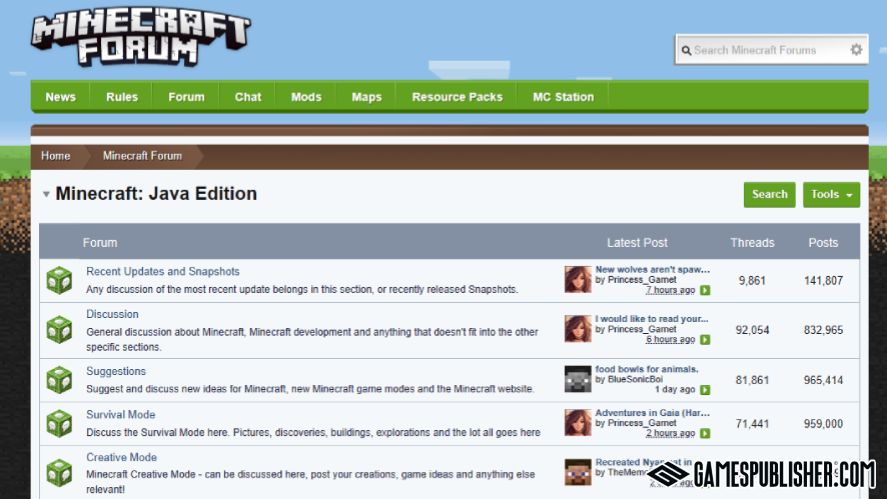 A screenshot of the Minecraft forum