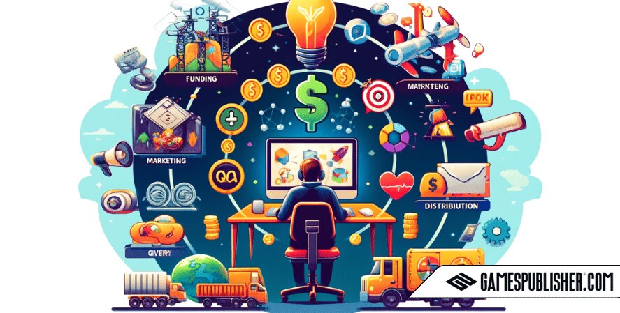 Here is the image illustrating the role of a game publisher in the lifecycle of a PC game. The visual elements represent funding, marketing, distribution, and developmental support, centered around a game developer at work.