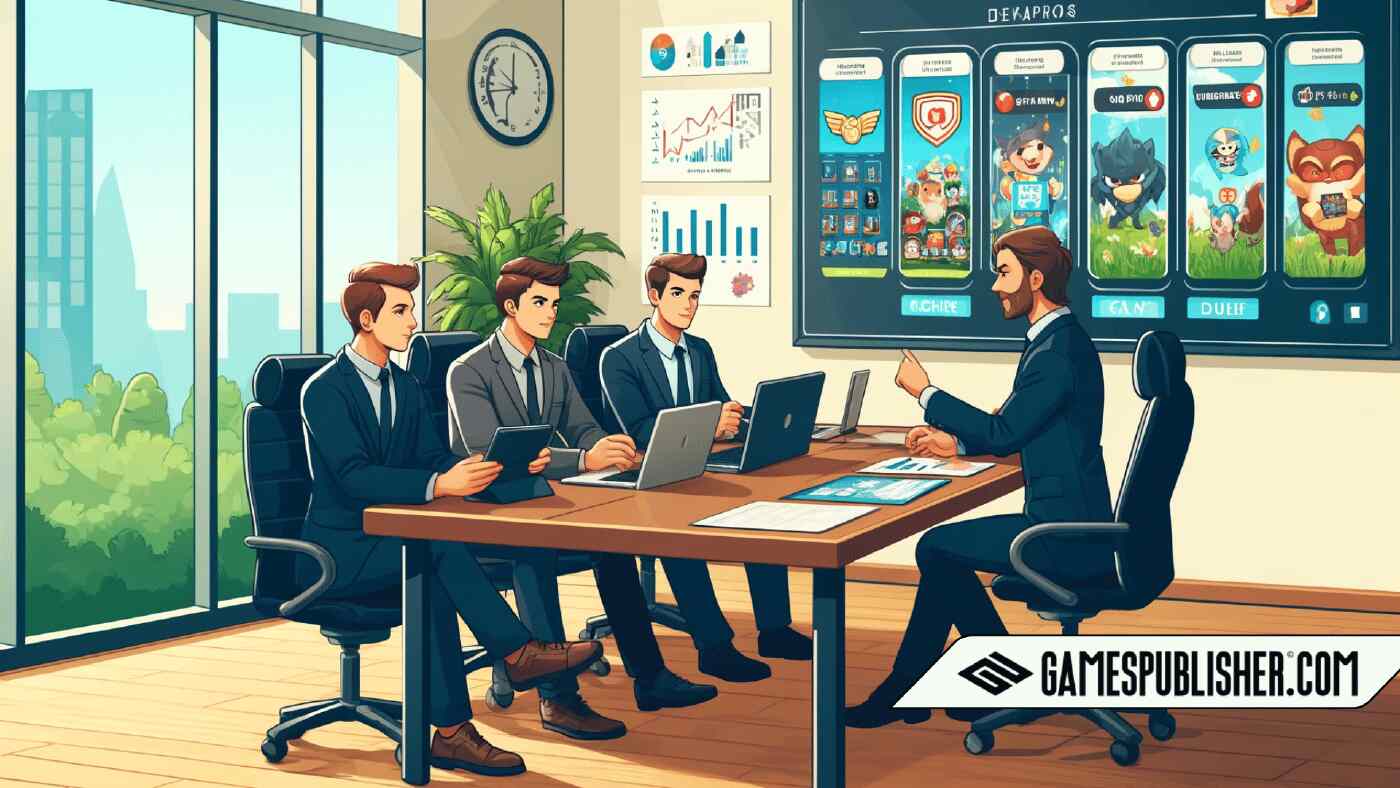A professional meeting scene where game developers discuss with a publisher. The developers have laptops and tablets displaying mobile games. The publisher, dressed in a suit, reviews game concepts. The office setting includes charts and game posters on the walls, a large window letting in natural light, and a collaborative atmosphere.