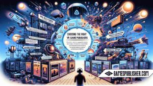 The scene includes elements representing key sections of the article: VR game publishers connecting developers to the market, challenges and opportunities, key benefits such as audience expansion, marketing, funding, and technical support.