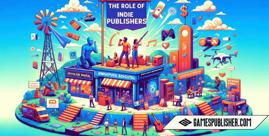 depicting the collaboration between indie publishers and developers, and the empowerment through digital distribution platforms like Steam and itch.io.