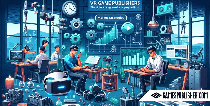 A modern office scene showing a VR game developer working on a project with VR headsets and equipment around. In the background, a VR game publisher is discussing market strategies and compatibility with various VR hardware.