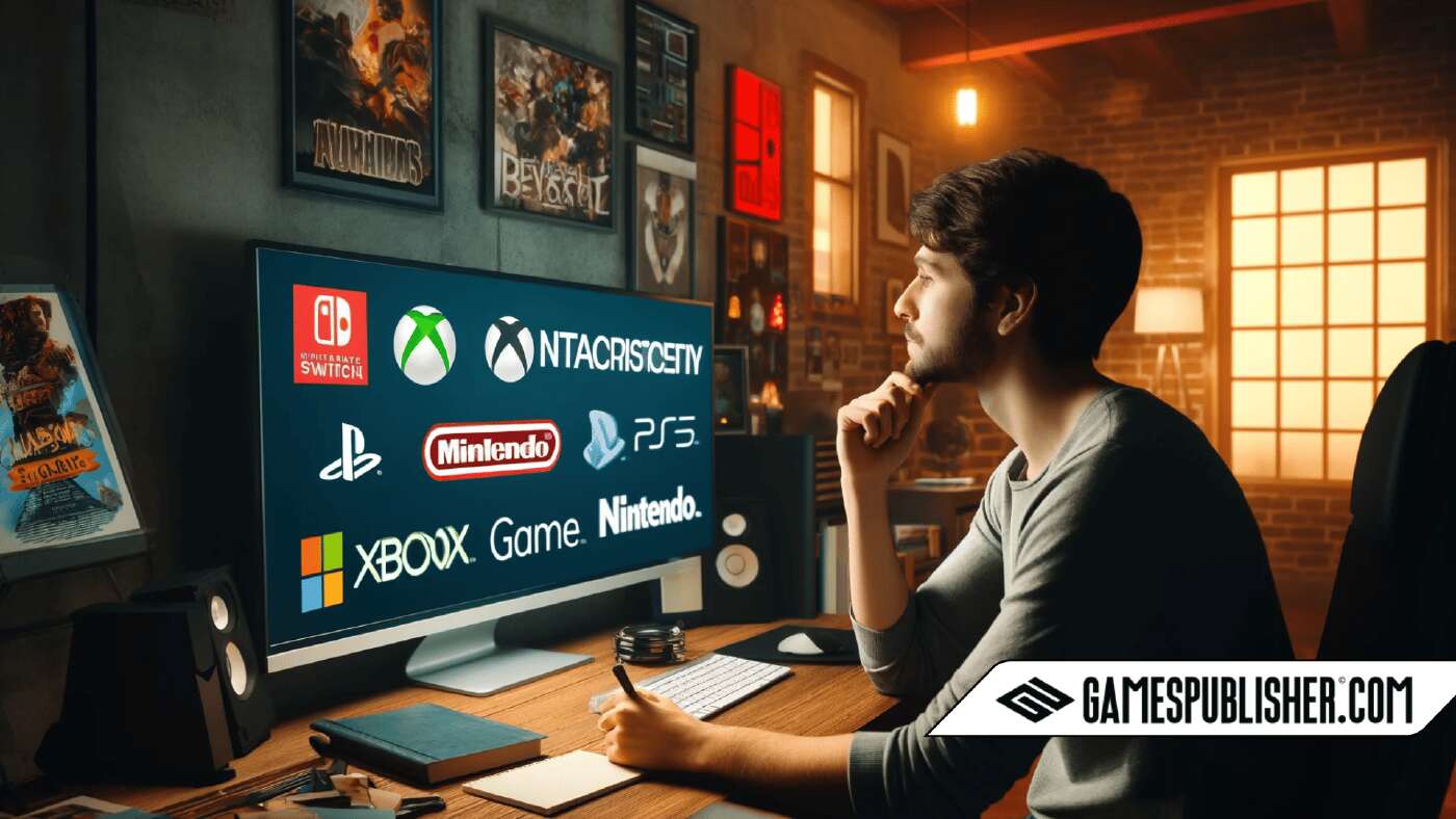 Here is the image of a person finding their right console game publisher. The person is sitting at a desk, looking at a computer screen with various logos of console game publishers like Sony Interactive Entertainment, Microsoft (Xbox Game Studios), and Nintendo, with a thoughtful expression.