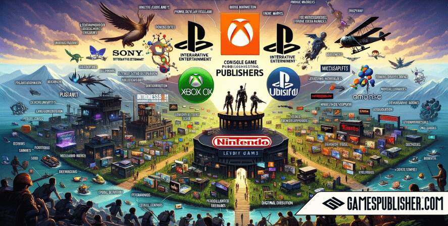 Here is the image showing the major players in the console game publishing industry, including Sony Interactive Entertainment, Microsoft (Xbox Game Studios), Nintendo, Electronic Arts, and Ubisoft. It also depicts emerging publishers with symbols of innovation, niche markets, favorable developer terms, and digital distribution.
