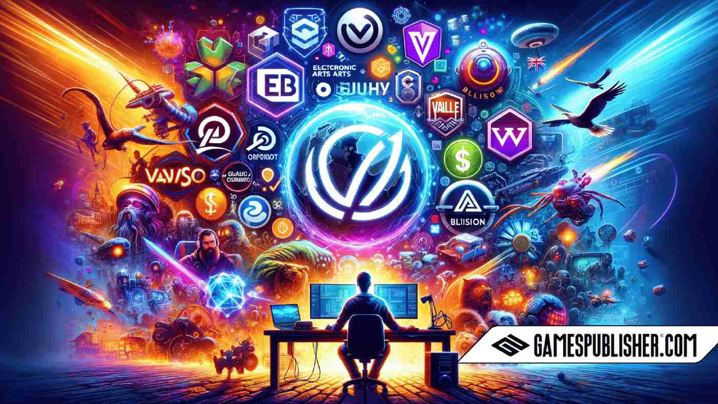 Here is the image for the article "Top PC Game Publishers Every Developer Should Know." The dynamic collage captures the excitement and diversity of the gaming industry, highlighting key publishers and their roles.