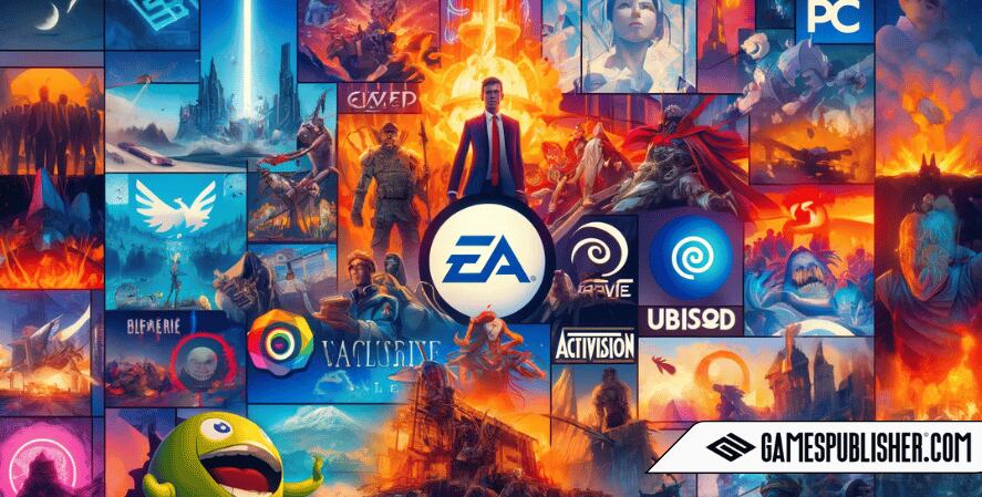 Here is the vibrant collage showcasing the top PC game publishers, including Electronic Arts, Valve Corporation, Ubisoft, Activision Blizzard, and CD Projekt. The image highlights their strengths and celebrates their impact on the gaming industry.