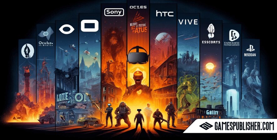 The scene includes icons representing Oculus Studios, Sony Interactive Entertainment, HTC Studios, and Valve Corporation.