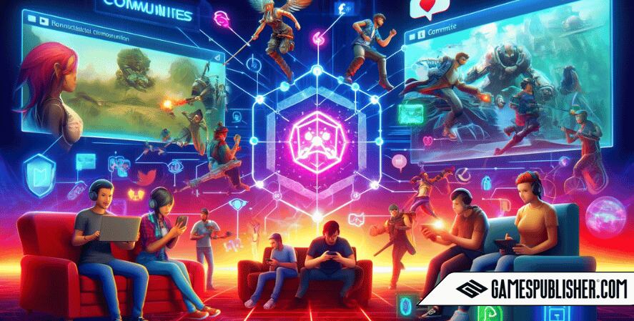 It showcases diverse players interacting through various platforms like social media, online forums, in-game systems, and mobile apps, highlighting the benefits of game communities.