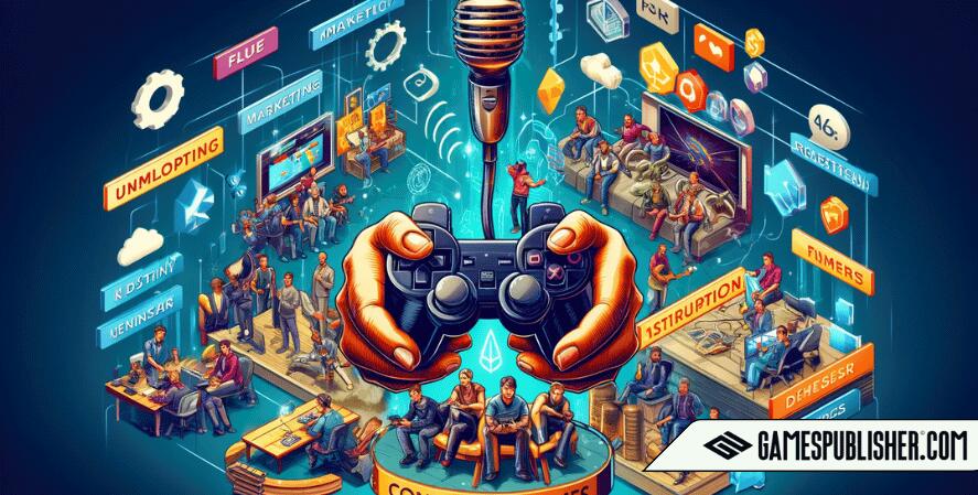 It showcases a diverse and engaged group of gamers playing on next-generation consoles, highlighting the steady growth of the market. Additionally, it depicts the role of publishers in providing funding, marketing, distribution, quality assurance, and development resources.