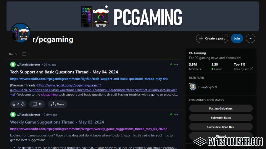 A screenshot of r/pcgaming subreddit