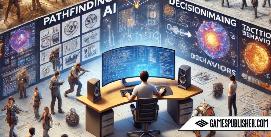 A scene illustrating AI programming in video game development. At the center, an AI programmer works at a high-tech workstation with multiple screens displaying AI algorithms and game environments.