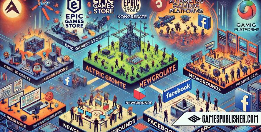 Here's the illustration depicting various alternative gaming platforms and emerging markets, featuring the Epic Games Store, Kongregate, Newgrounds, Facebook, and web-based platforms.