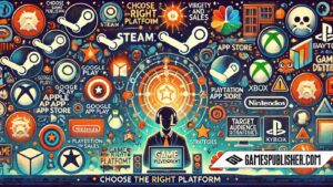 It showcases various game publishing platforms and highlights key elements such as choosing the right platform, visibility and sales, target audience, and marketing strategies.