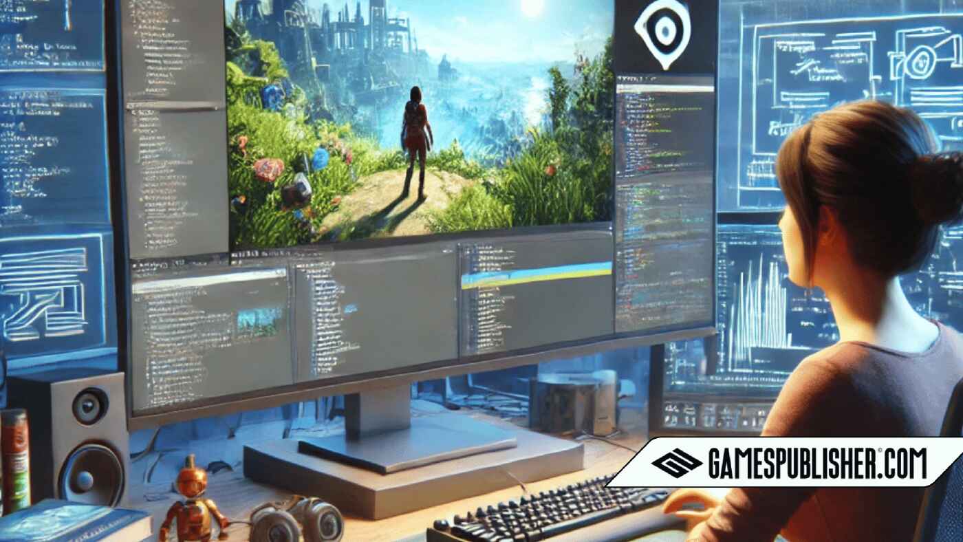 Here's the image depicting a single game development environment, showcasing a programmer observing a finished video game project on a computer screen.