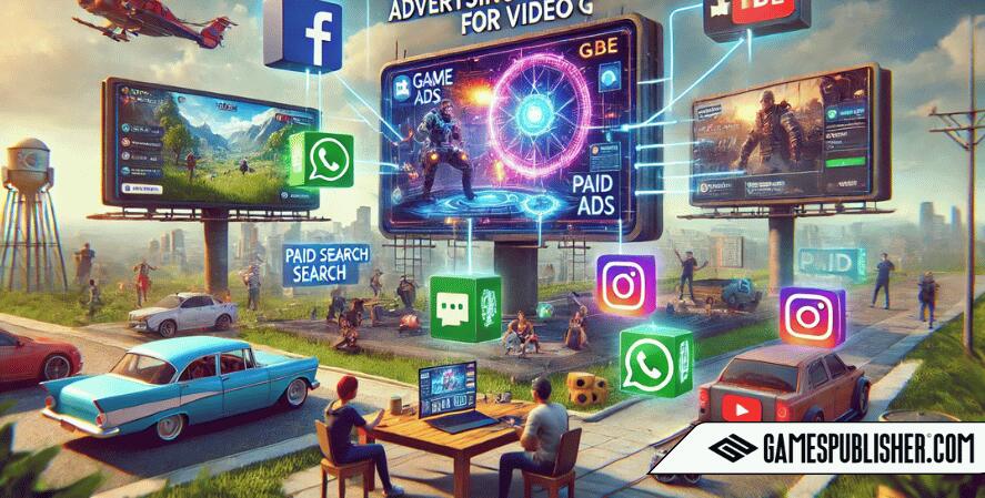 It visually combines different mediums like social media, influencer marketing, paid search, and content creation in a dynamic and futuristic setting, reflecting the integrated and multi-channel approach to game advertising.