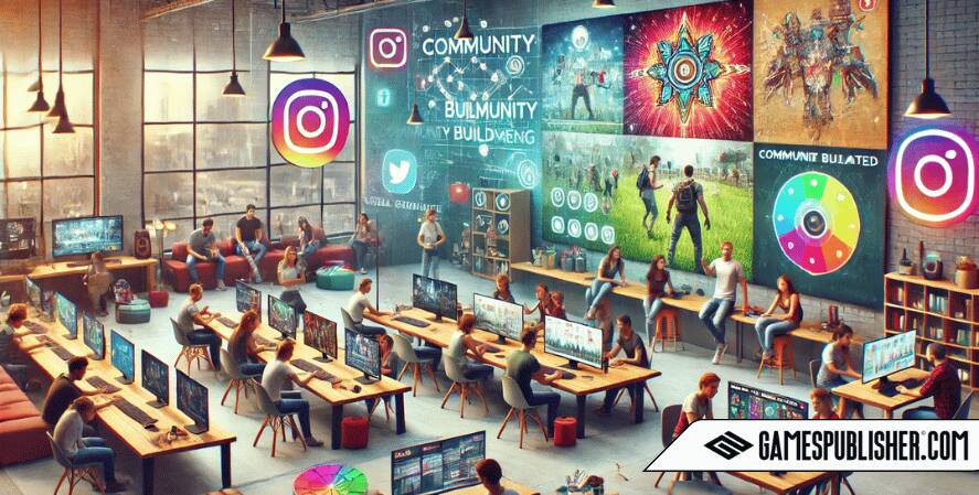 Here's the image for your article on community building and engagement in video games. It showcases a vibrant community hub where gamers are engaged in various interactive activities, from live streaming to participating in online forums and creating user-generated content.