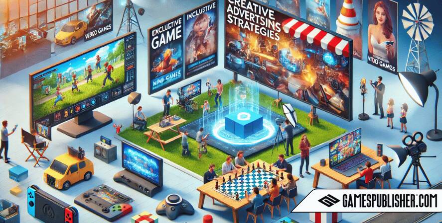 Here's the image for your article on creative advertising strategies for video games. It features various innovative marketing techniques such as the making of a game trailer, interactive ads, exclusive previews, and seasonal promotions, all set in a vibrant and technologically advanced environment.