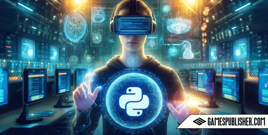 It features a developer using VR technology, surrounded by Python-powered virtual and augmented reality interfaces.