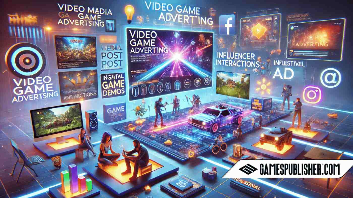 It visually captures various strategies in video game advertising, from social media layouts to game trailers and influencer interactions, all set against a futuristic, digital-themed backdrop.
