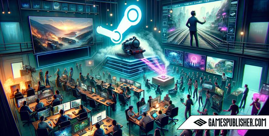 A vibrant digital illustration showcasing how developers build anticipation for games on Steam. The title "STEAM" is prominently displayed at the top of the image. The scene features a team of developers working in a modern office, brainstorming ideas, showcasing game trailers on large monitors, and hosting a live Q&A session. Fans interact through online chats on platforms like Steam and Discord. The Steam logo is integrated into the design, emphasizing its role in the gaming ecosystem. The atmosphere reflects collaboration, excitement, and innovation.