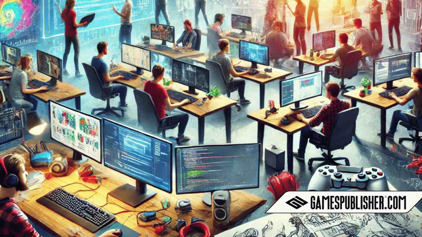 A dynamic and vibrant scene in the gaming industry featuring a diverse group of game programmers and developers at work. The scene includes individuals coding on computers, designing game elements, creating art assets, and working with sound engineering equipment.