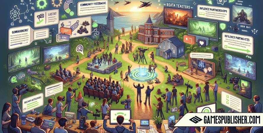 Here's a widescreen illustration that captures the dynamic process of game development and marketing, showcasing developers engaging with community feedback, and various marketing strategies in action.