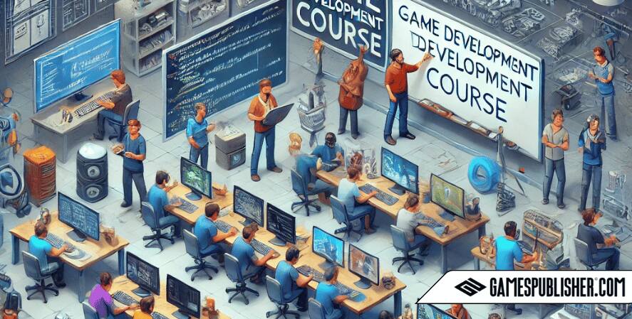 A visual representation of the key elements of a good game development course. The image shows a classroom or workshop environment filled with students engaged in various aspects of game development.