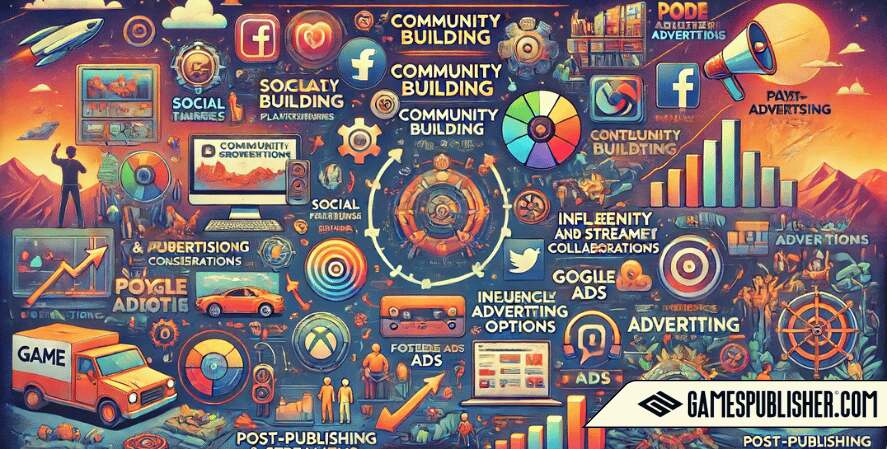 Here's the illustration depicting various marketing and promotion strategies for games, including social media, community building, influencer collaborations, paid advertising options, and post-publishing considerations.