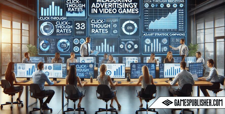 Here's the image for your article on measuring advertising effectiveness in video games. It features a scene with marketing professionals in a high-tech office environment, analyzing data and adjusting campaigns using advanced analytics tools.
