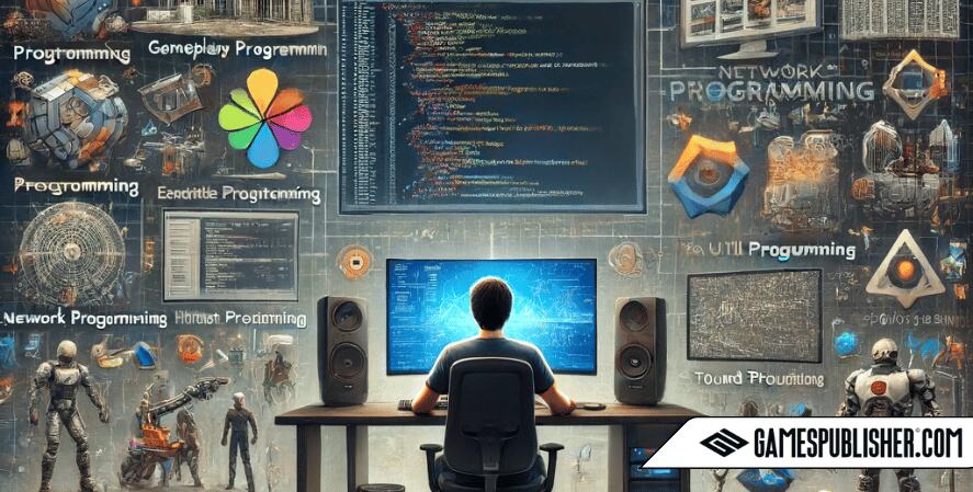 A detailed scene showcasing various programming roles in video game development. At the center, a game programmer works at a modern workstation with multiple screens displaying code, game graphics, and AI algorithms. 