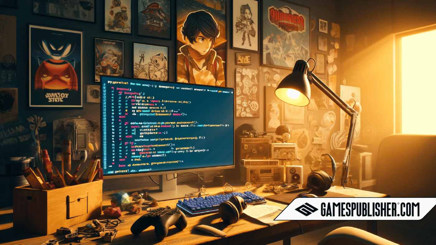 Here is the image designed for your blog post on Python game development. It depicts a cozy developer workspace, ideal for illustrating the engaging world of game creation with Python.