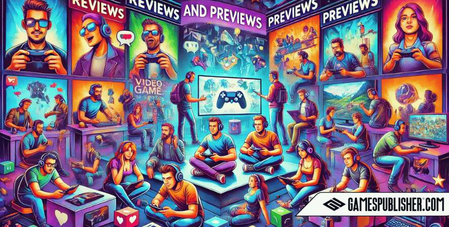 Vibrant widescreen illustration depicting the impact of reviews and previews on video game anticipation. The scene includes gaming influencers and journalists writing reviews with mixed expressions of excitement and concern, alongside gamers exploring demos and previews on various devices.