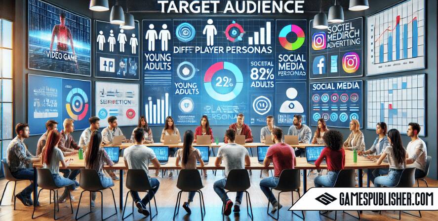 It visualizes a modern market research setting, featuring a diverse group engaged in a focus group with digital screens showing survey data and analytics.