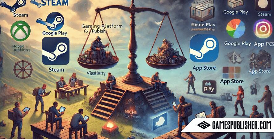 Here's the illustration depicting the strategic decision of choosing the right gaming platform for publishing, featuring a balance between well-known and niche platforms.